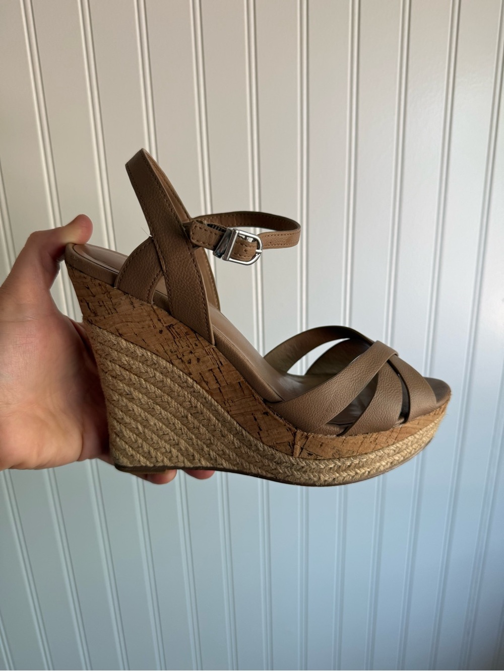 Charles By Charles David Taupe Wedge Espadrille Sandals with Ankle Strap